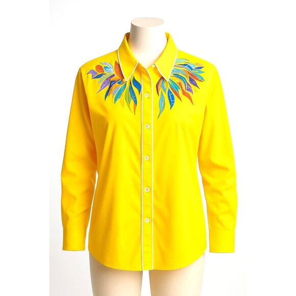 Bob Mackie Wearable Art Tops - Bob Mackie Wearable Art Yellow Embroidered Shirt Vintage Button Down Retro Chic